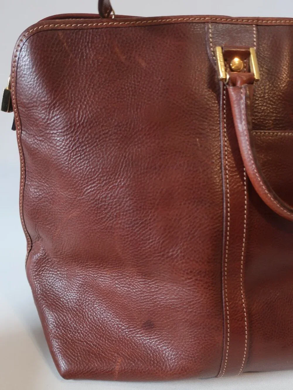 Mens Cole Haan Brown Pebbled Leather Vintage Weekender Duffel Travel Bag